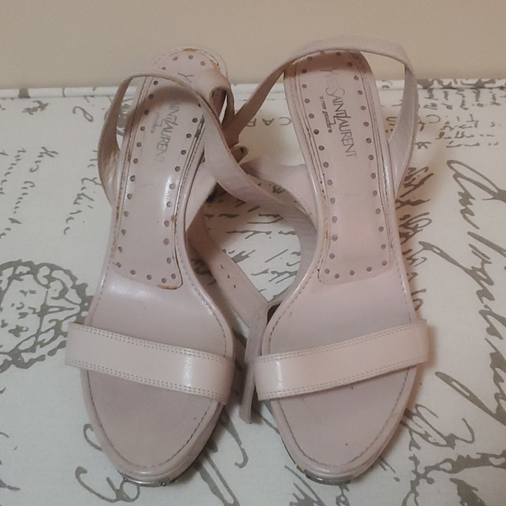 YSL Wood and Leather Nude Sandals